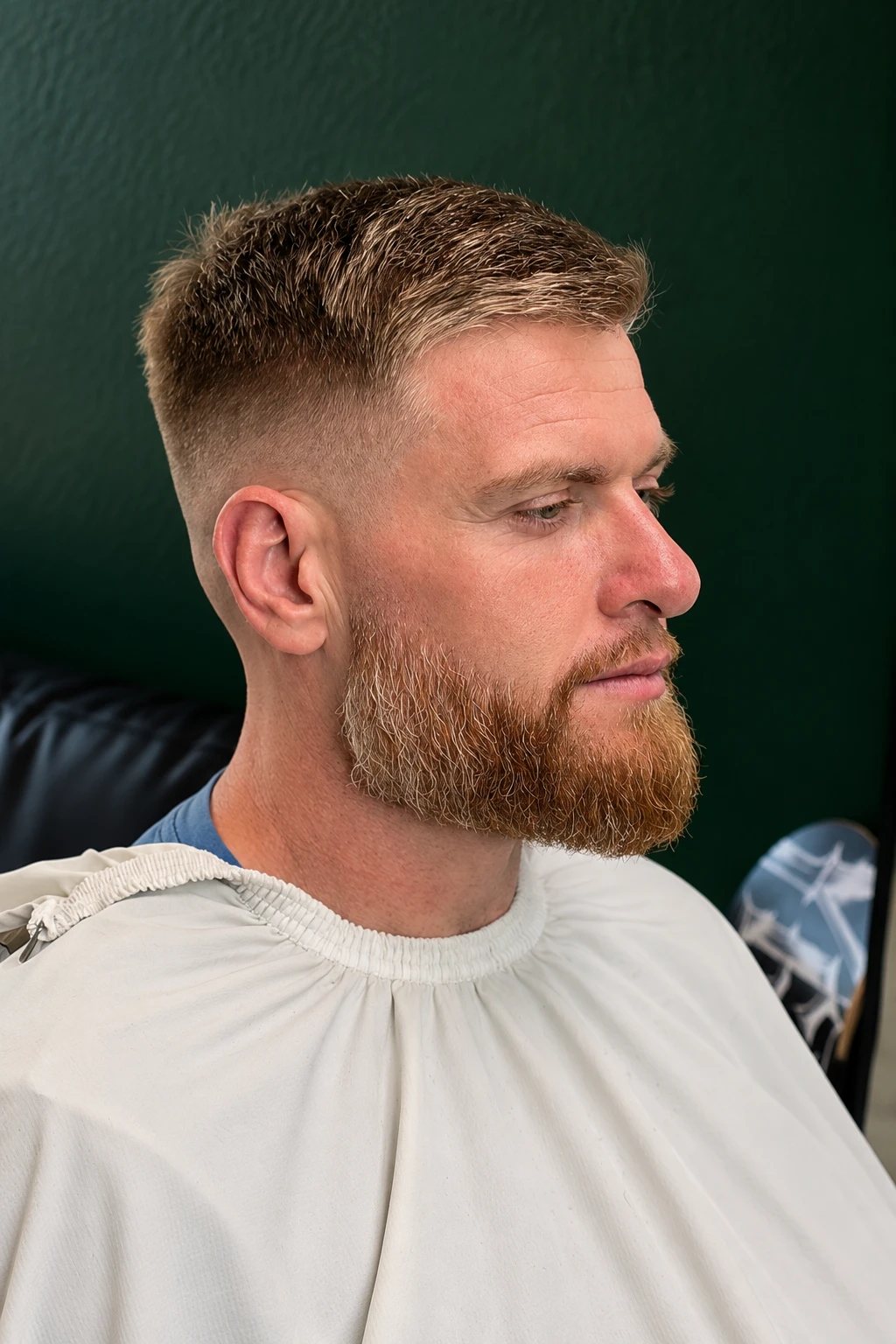 High fade with a textured top and a shaped full beard